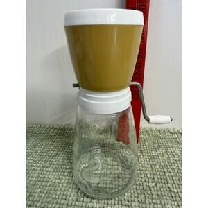 Vintage Federal Housewares Nut Grinder MCM Yellow Glass Jar Hand Crank